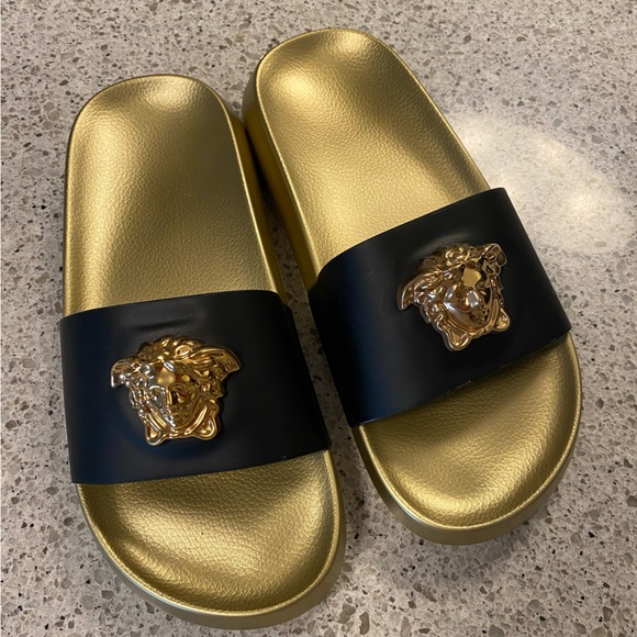 VERSACE Black & Gold 'La Medusa' Slides - Picture 4 of 12